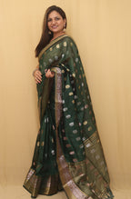 Green Banarasi Cotton Silk Saree - Luxurion World