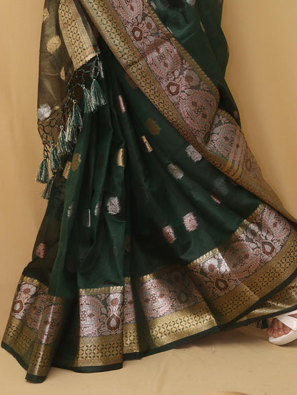 Green Banarasi Cotton Silk Saree - Luxurion World