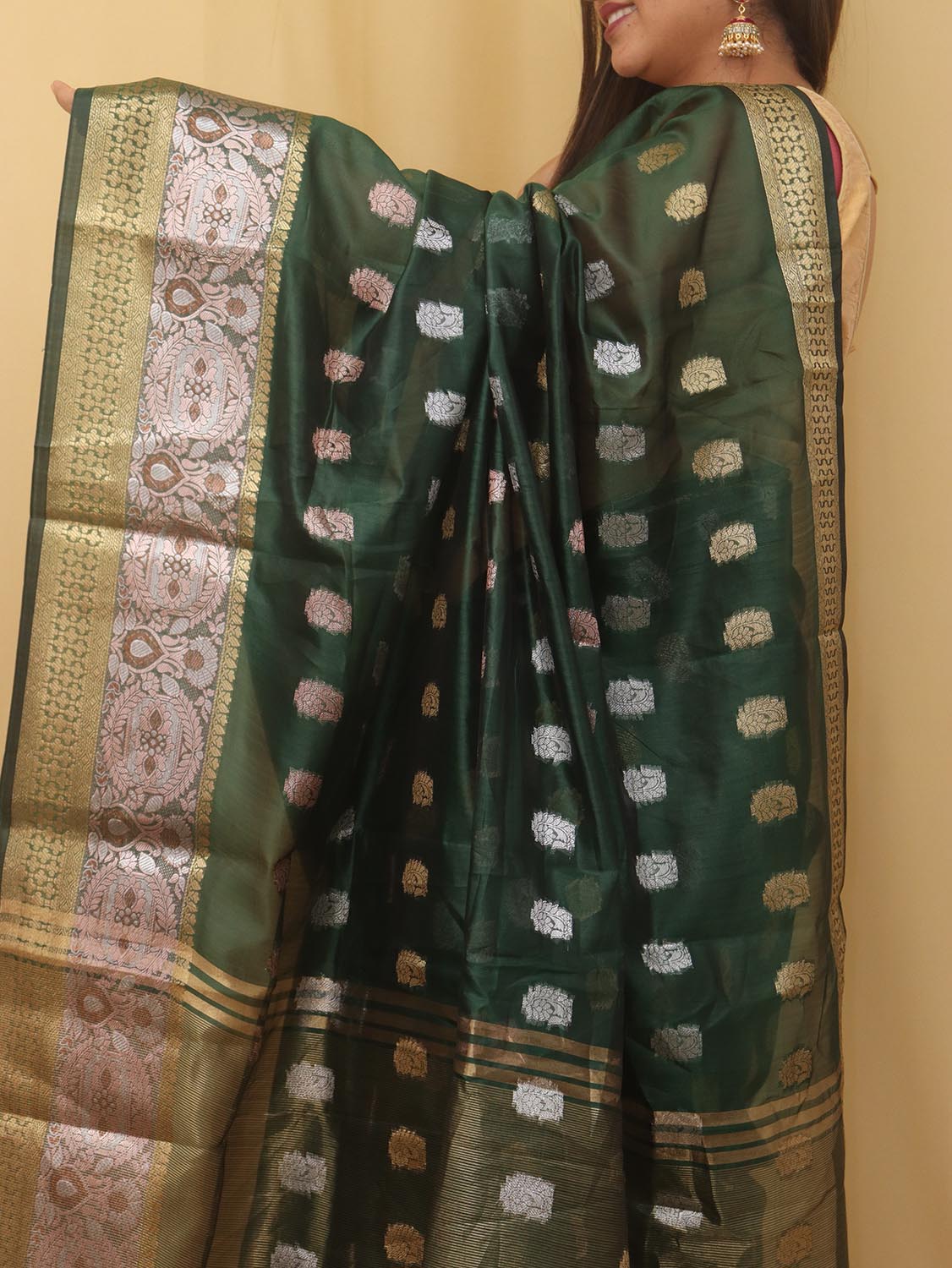 Green Banarasi Cotton Silk Saree - Luxurion World