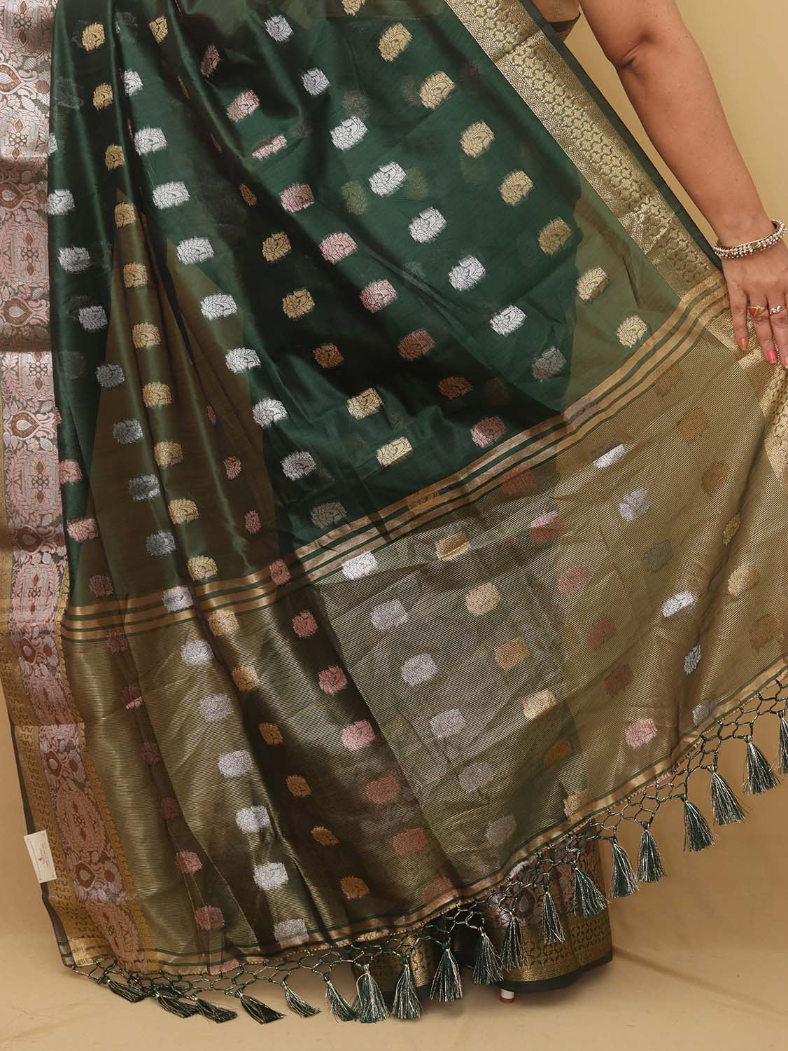 Green Banarasi Cotton Silk Saree - Luxurion World