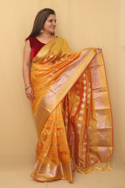 Yellow Banarasi Cotton Silk Saree - Luxurion World