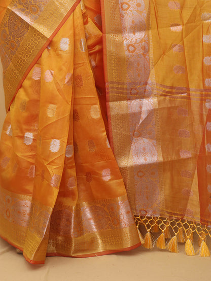 Yellow Banarasi Cotton Silk Saree - Luxurion World
