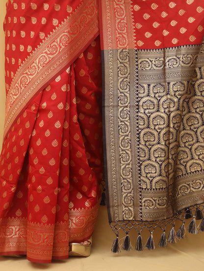 Red Banarasi Cotton Silk Saree - Luxurion World