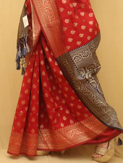 Red Banarasi Cotton Silk Saree - Luxurion World