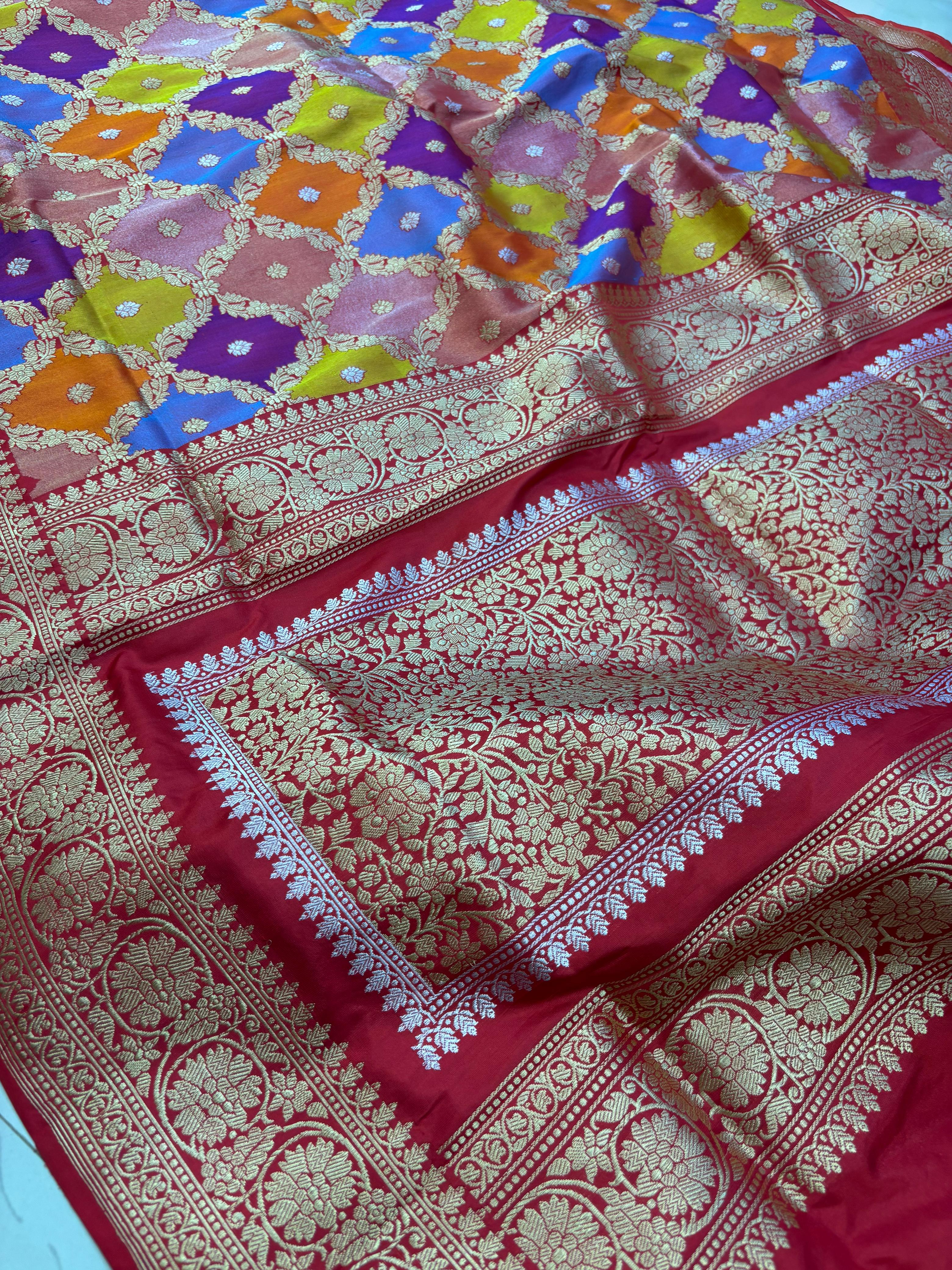 Exquisite Multicolor Banarasi Handloom Pure Katan Silk Rangkat Saree - Luxurion World