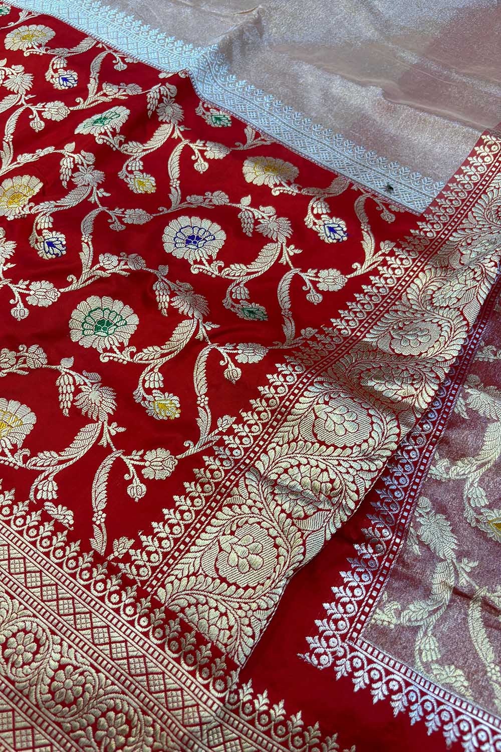 Exquisite Red Banarasi Handloom Pure Katan Silk Meenakari Jaal Design Saree - Luxurion World
