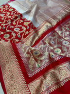 Exquisite Red Banarasi Handloom Pure Katan Silk Meenakari Jaal Design Saree - Luxurion World
