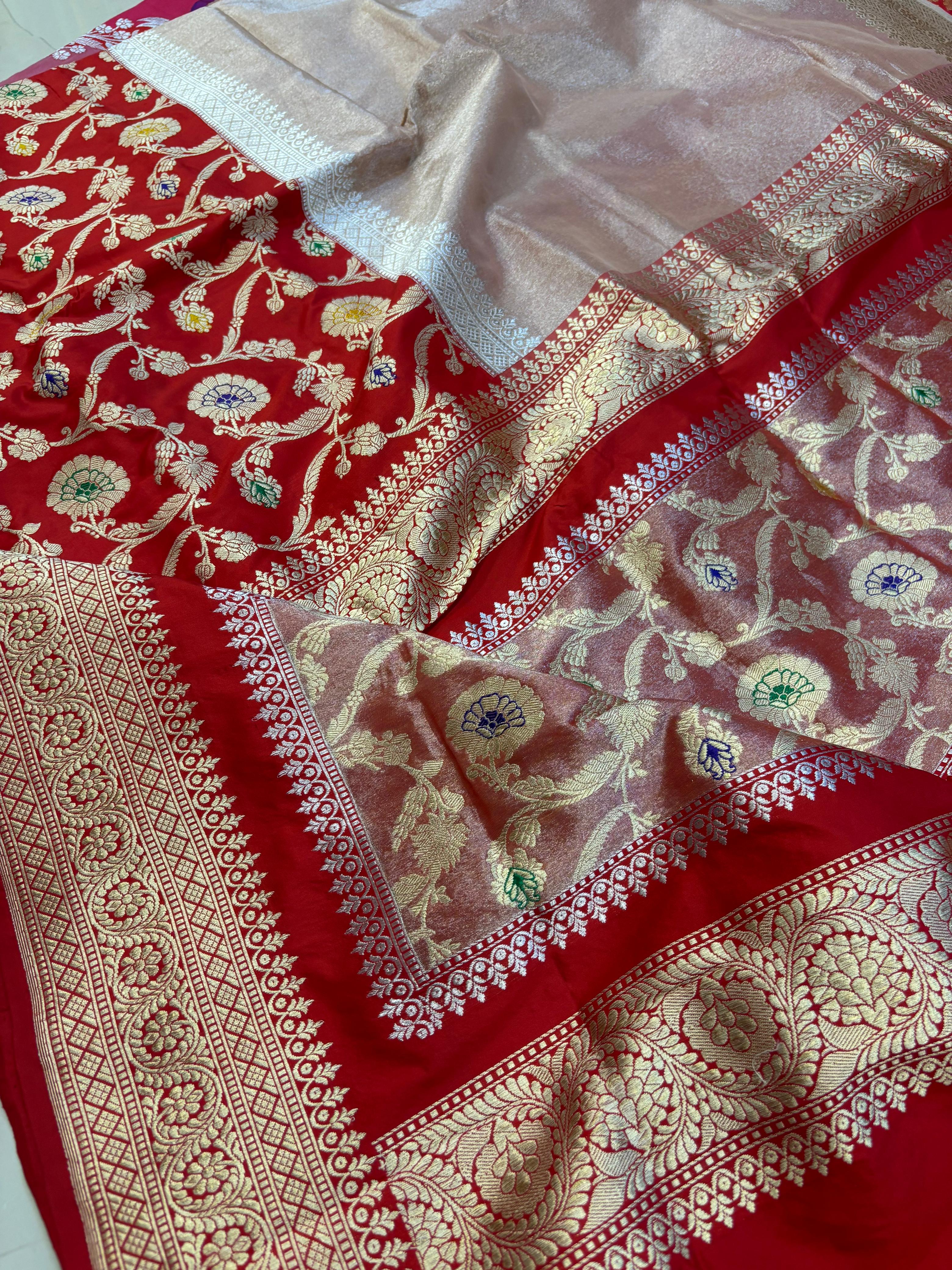 Exquisite Red Banarasi Handloom Pure Katan Silk Meenakari Jaal Design Saree - Luxurion World