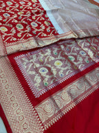 Exquisite Red Banarasi Handloom Pure Katan Silk Meenakari Jaal Design Saree - Luxurion World