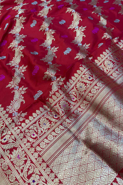 Red Banarasi Handloom Pure Katan Silk Sona Roopa Paisley Design Saree - Luxurion World