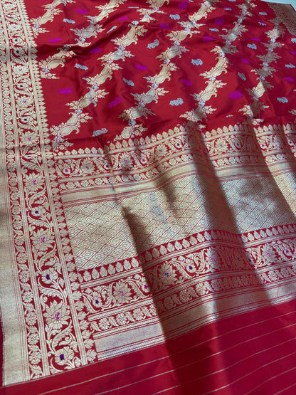 Red Banarasi Handloom Pure Katan Silk Sona Roopa Paisley Design Saree - Luxurion World