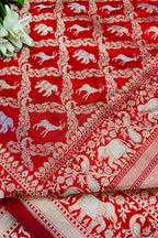 Red Banarasi Handloom Pure Katan Silk Shikargah Design Sona Roopa Saree - Luxurion World