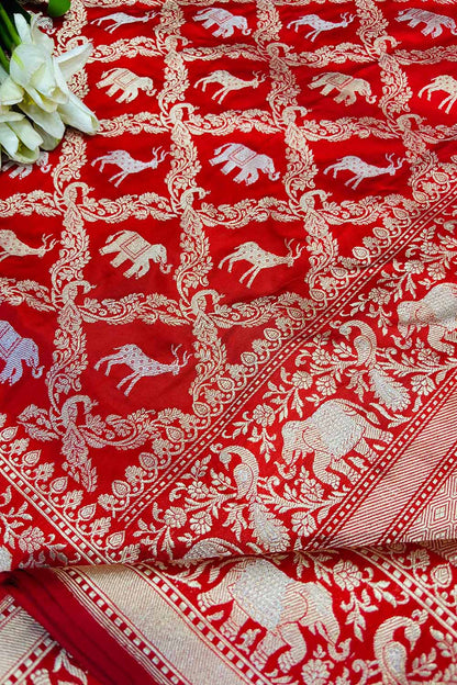 Red Banarasi Handloom Pure Katan Silk Shikargah Design Sona Roopa Saree - Luxurion World