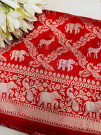 Red Banarasi Handloom Pure Katan Silk Shikargah Design Sona Roopa Saree - Luxurion World
