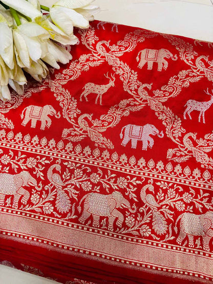 Red Banarasi Handloom Pure Katan Silk Shikargah Design Sona Roopa Saree - Luxurion World