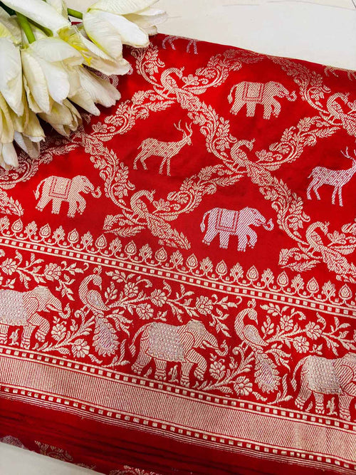 Red Banarasi Handloom Pure Katan Silk Shikargah Design Sona Roopa Saree - Luxurion World