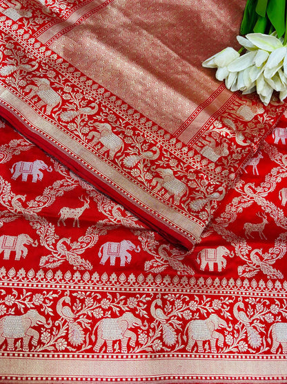 Red Banarasi Handloom Pure Katan Silk Shikargah Design Sona Roopa Saree - Luxurion World