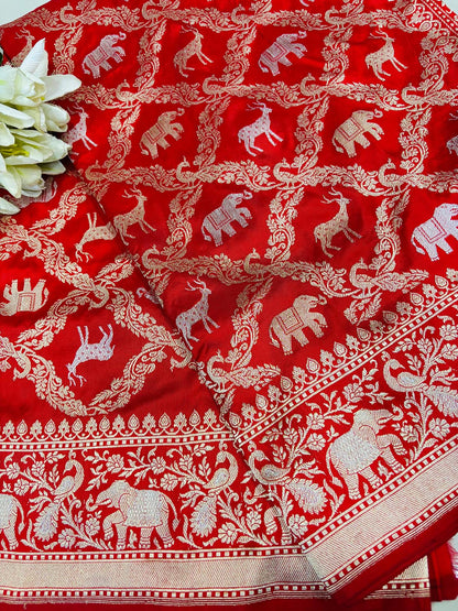 Red Banarasi Handloom Pure Katan Silk Shikargah Design Sona Roopa Saree - Luxurion World