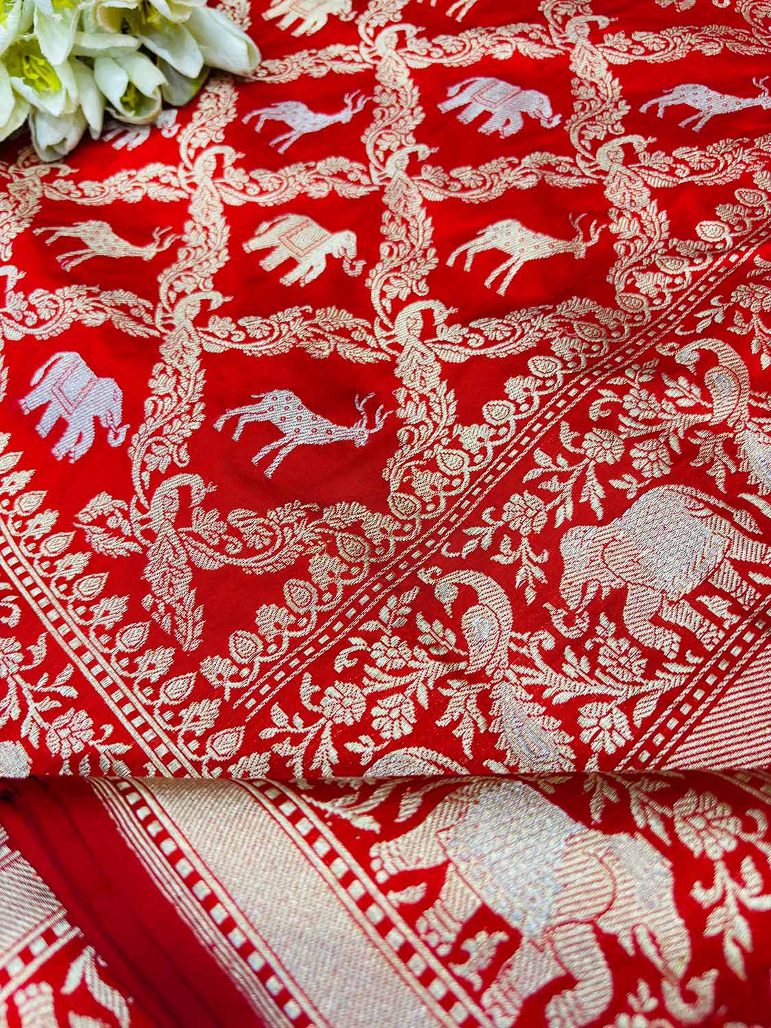 Red Banarasi Handloom Pure Katan Silk Shikargah Design Sona Roopa Saree - Luxurion World