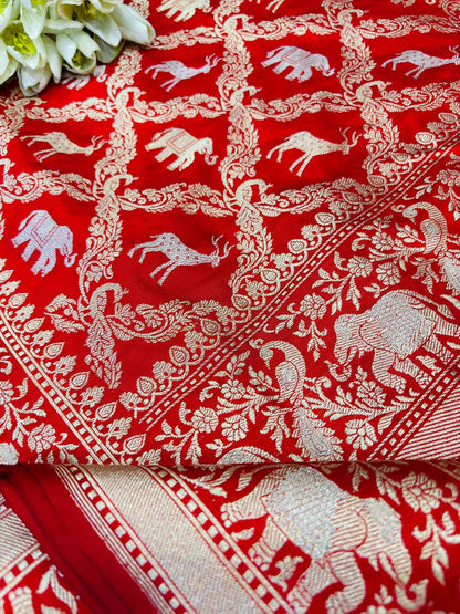 Red Banarasi Handloom Pure Katan Silk Shikargah Design Sona Roopa Saree - Luxurion World