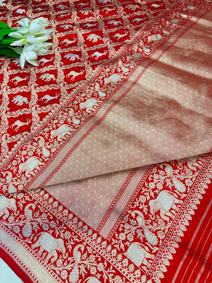 Red Banarasi Handloom Pure Katan Silk Shikargah Design Sona Roopa Saree - Luxurion World