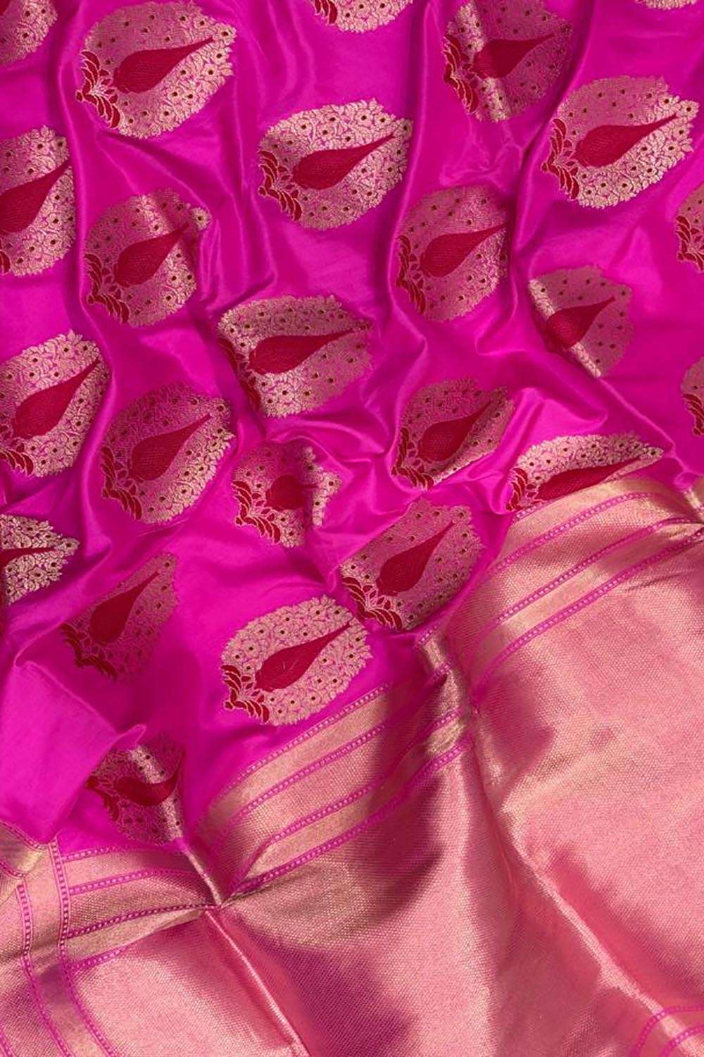 Elegant Pink Handloom Banarasi Pure Katan Silk Jaal Work Saree - Luxurion World