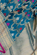 Exquisite Blue Handloom Banarasi Pure Katan Silk Jaal Work Saree - Luxurion World