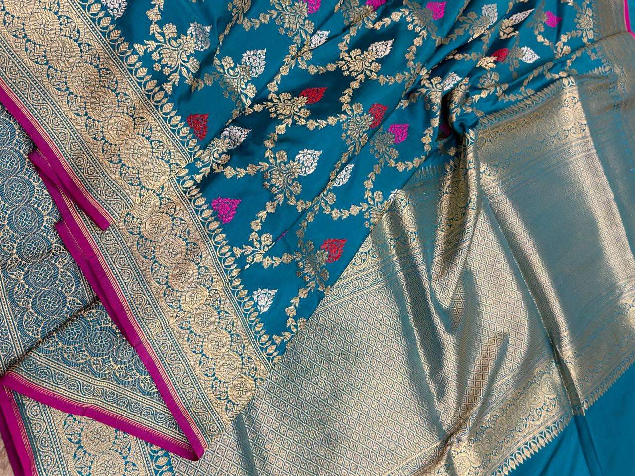 Exquisite Blue Handloom Banarasi Pure Katan Silk Jaal Work Saree - Luxurion World