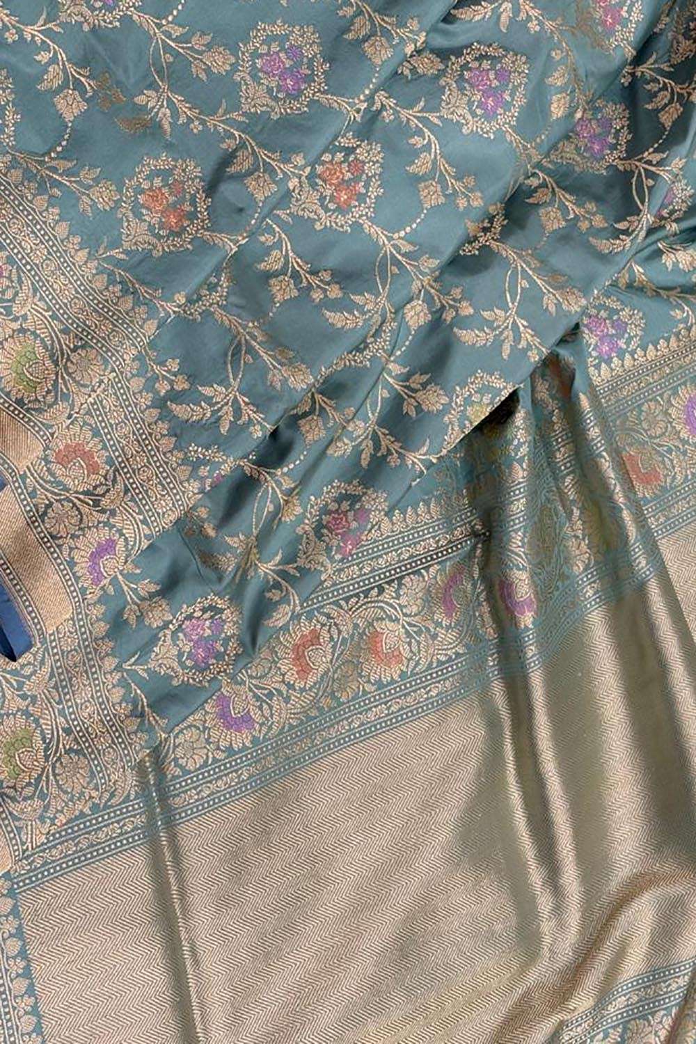 Elegant Grey Handloom Banarasi Pure Katan Silk Jaal Work Saree - Luxurion World