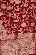 Exquisite Red Handloom Banarasi Pure Katan Silk Jaal Work Saree - Luxurion World
