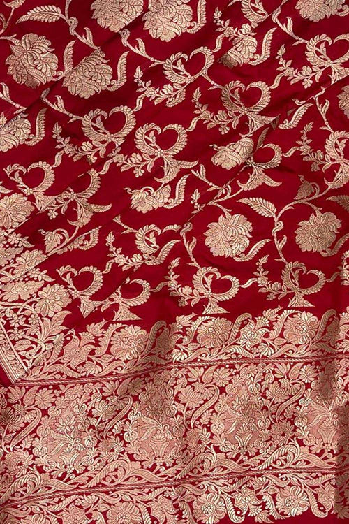 Exquisite Red Handloom Banarasi Pure Katan Silk Jaal Work Saree - Luxurion World