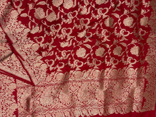 Exquisite Red Handloom Banarasi Pure Katan Silk Jaal Work Saree - Luxurion World