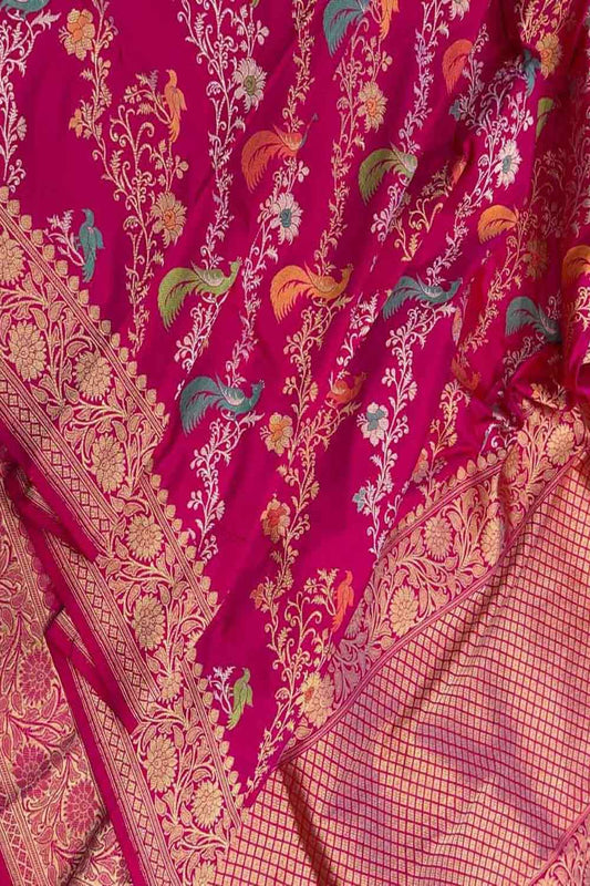 Pink Handloom Banarasi Pure Katan Silk Peacock Design Meenakari Saree - Luxurion World