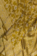 Mustard Yellow Handloom Banarasi Pure Katan Silk Flower Design Meenakari Saree - Luxurion World