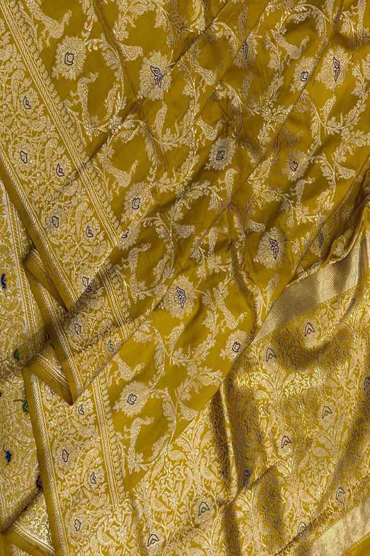 Mustard Yellow Handloom Banarasi Pure Katan Silk Flower Design Meenakari Saree - Luxurion World
