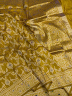 Mustard Yellow Handloom Banarasi Pure Katan Silk Flower Design Meenakari Saree - Luxurion World