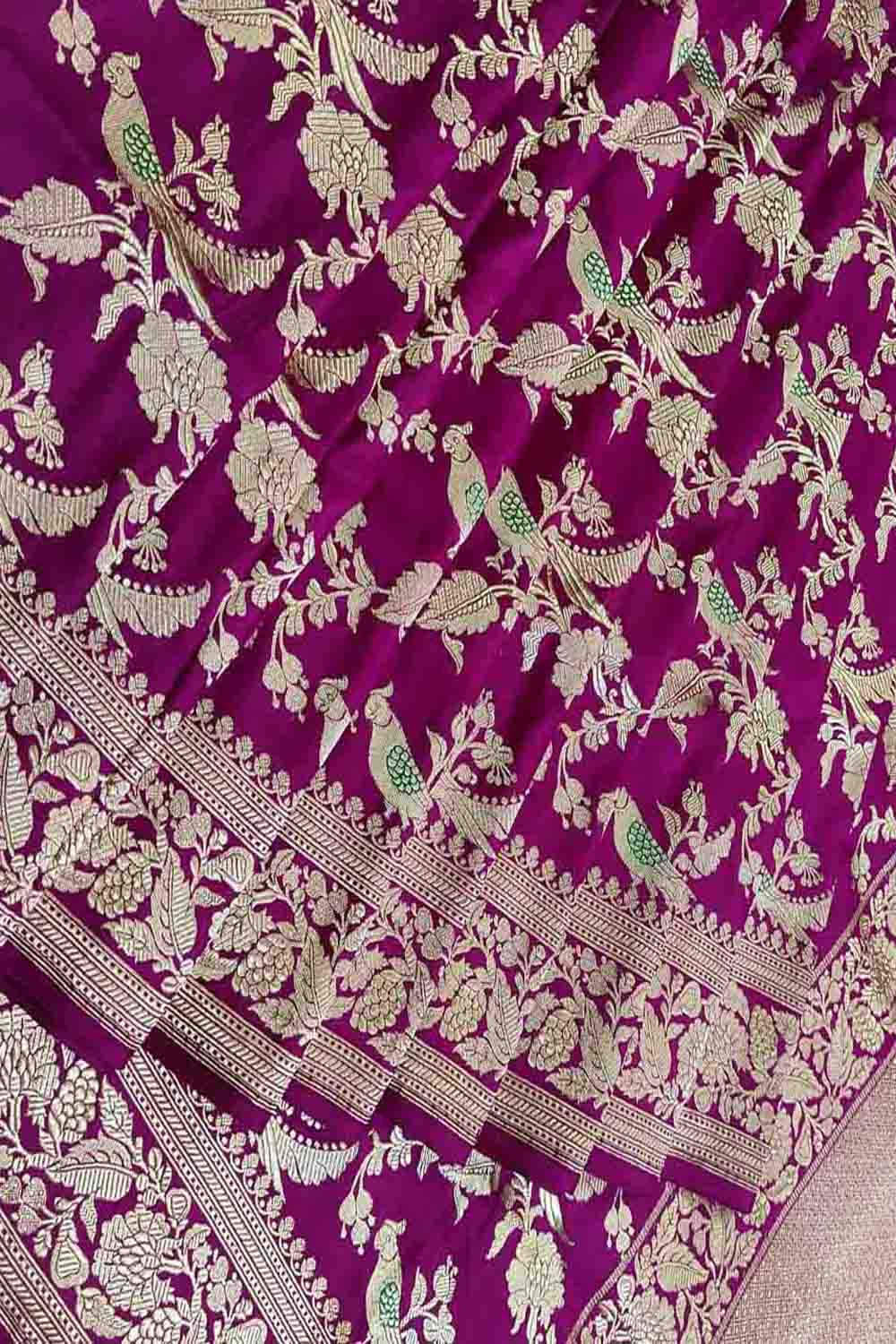 Purple Handloom Banarasi Pure Katan Silk Meenakari Bird Design Saree - Luxurion World