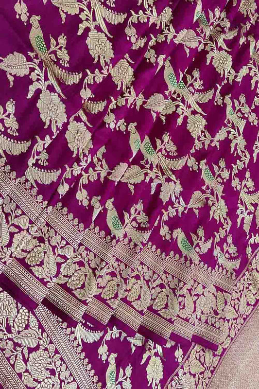 Purple Handloom Banarasi Pure Katan Silk Meenakari Bird Design Saree - Luxurion World