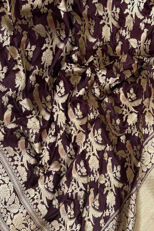 Maroon Handloom Banarasi Pure Katan Silk Meenakari Bird Design Saree - Luxurion World