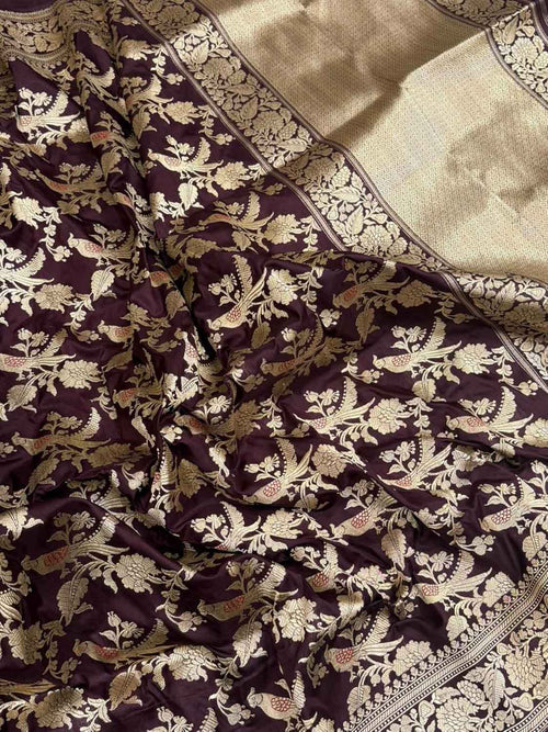 Maroon Handloom Banarasi Pure Katan Silk Meenakari Bird Design Saree - Luxurion World
