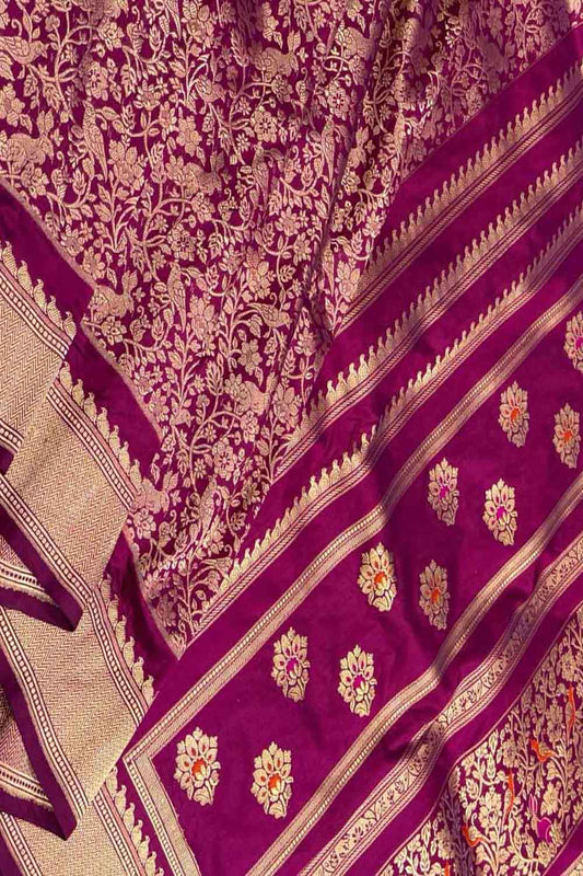 Pink Handloom Banarasi Pure Katan Silk Meenakari Bird Design Saree - Luxurion World