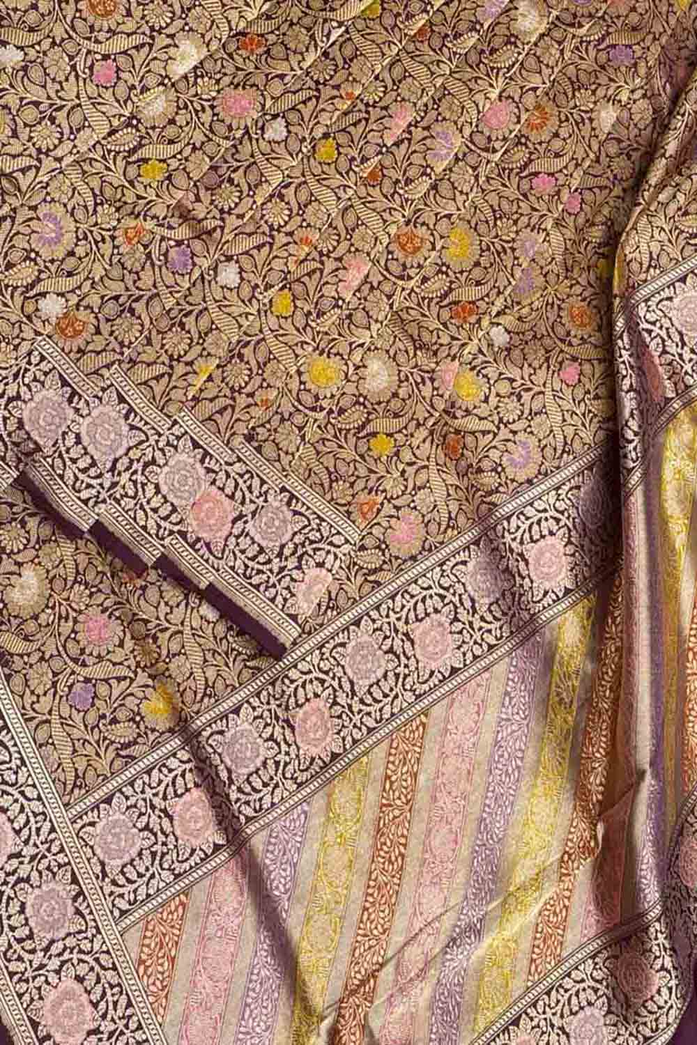 Maroon Handloom Banarasi Pure Katan Silk Meenakari Flower Design Saree - Luxurion World