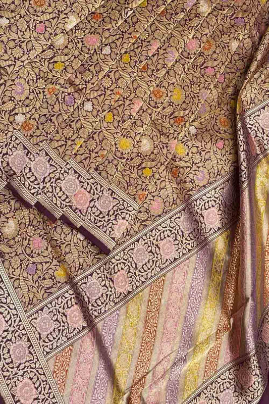 Maroon Handloom Banarasi Pure Katan Silk Meenakari Flower Design Saree - Luxurion World