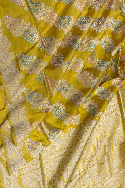 Yellow Handloom Banarasi Pure Katan Silk Meenakari Flower Design Saree - Luxurion World
