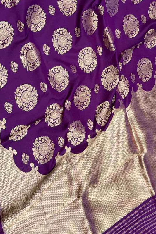 Purple Handloom Banarasi Pure Katan Silk Flower Design Saree - Luxurion World