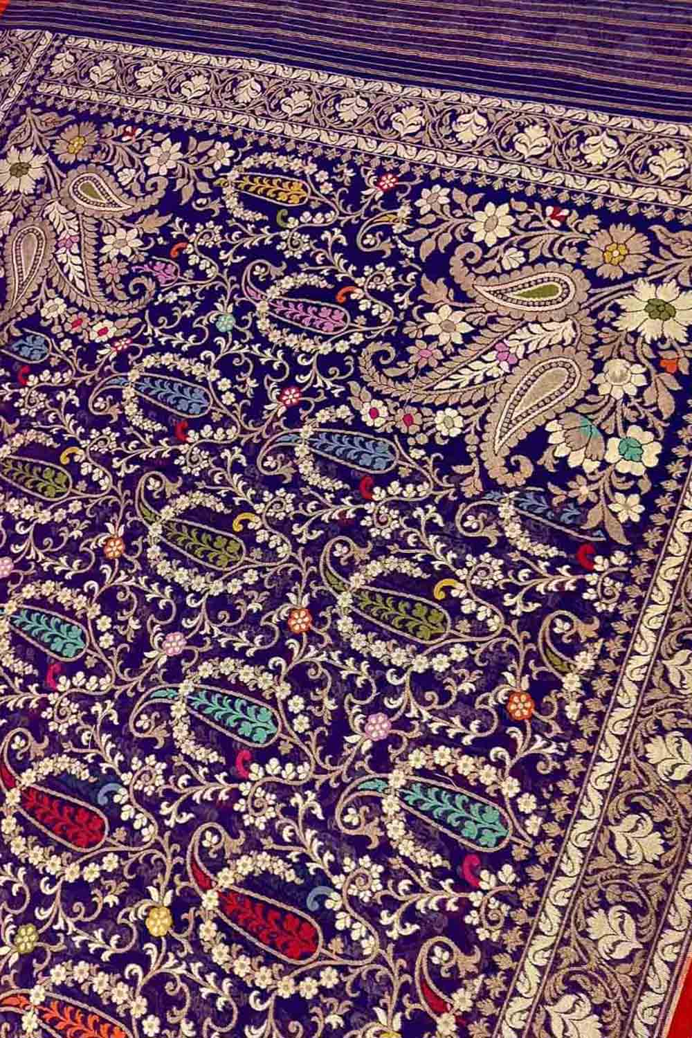 Blue Pure Banarasi Jamdani Handloom Meenakari Cotton Saree