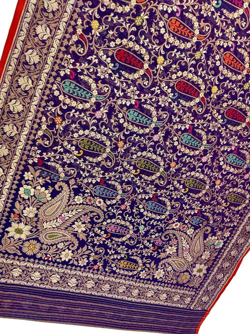 Blue Pure Banarasi Jamdani Handloom Meenakari Cotton Saree