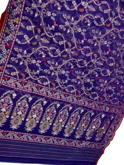 Blue Pure Banarasi Jamdani Handloom Meenakari Cotton Saree