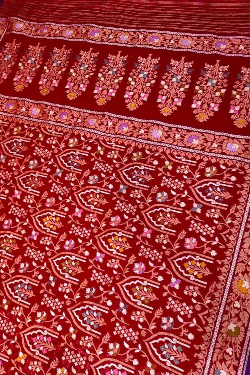 Red Pure Banarasi Jamdani Handloom Meenakari Cotton Saree