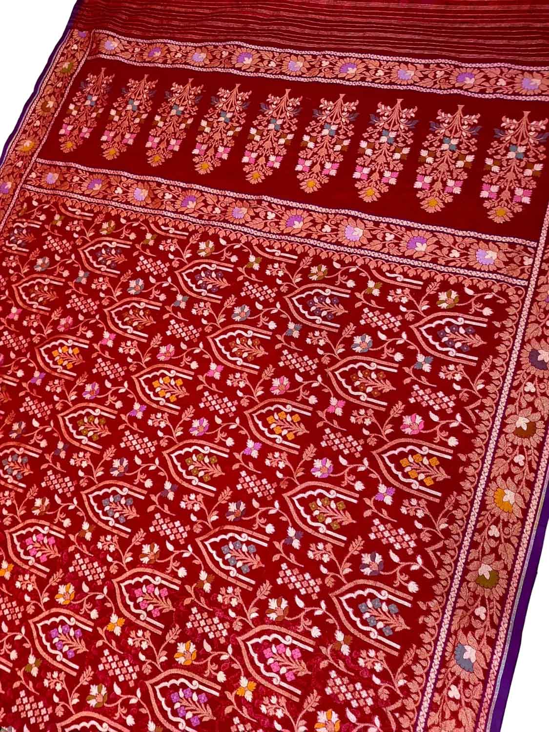 Red Pure Banarasi Jamdani Handloom Meenakari Cotton Saree